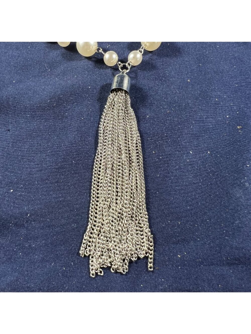 Long Faux Pearl Necklace With Silver Chain & Tassel Pendant - Picture 2 of 4